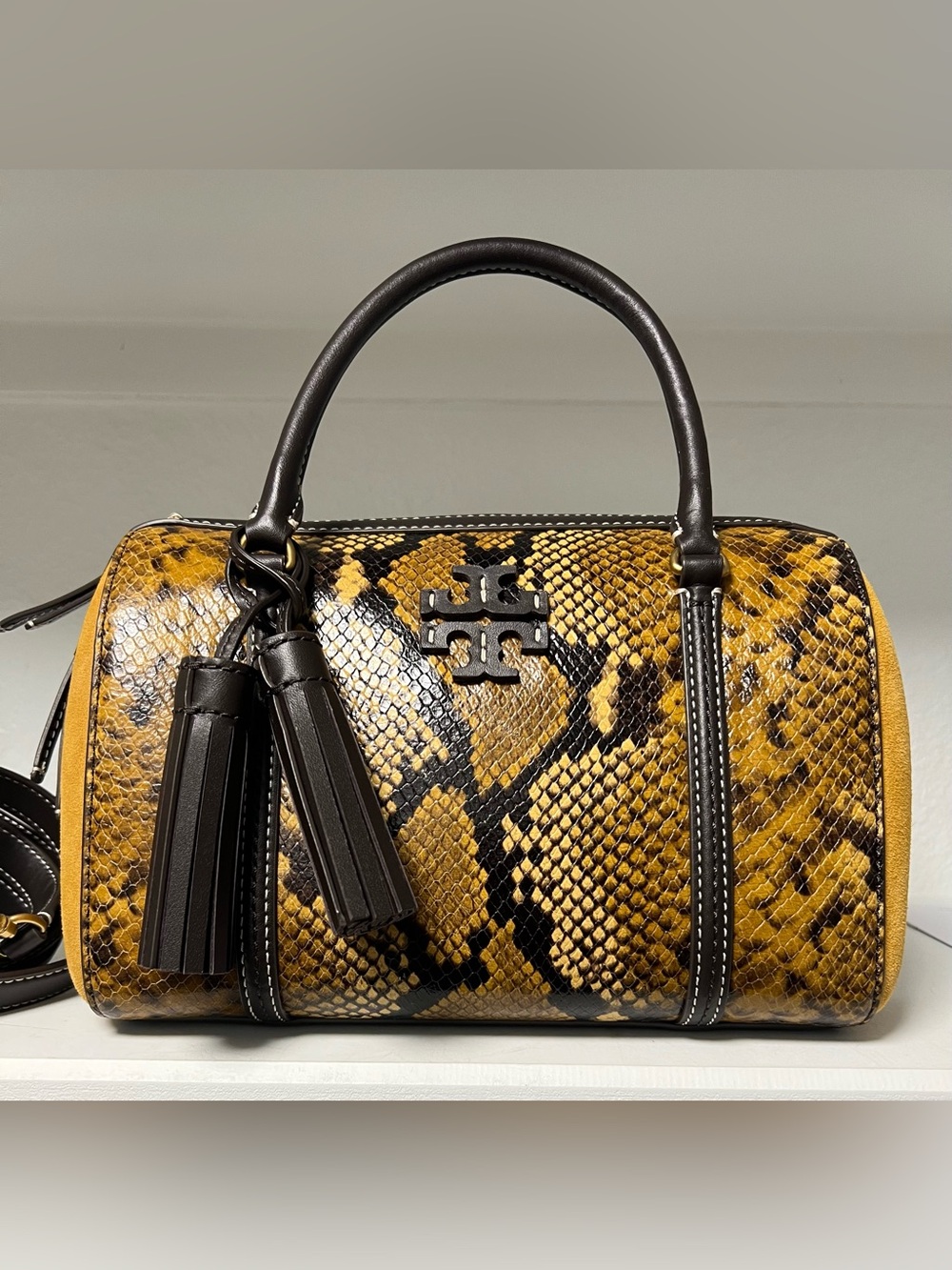 Tory Burch satchel in bold snake-print leather